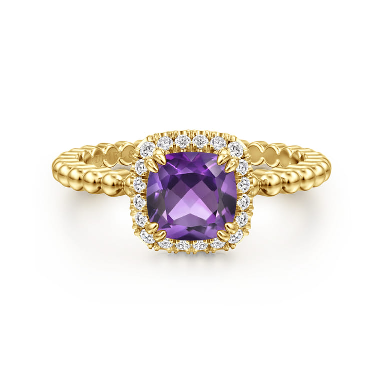 14K Yellow Gold Cushion Cut Amethyst and Diamond Halo Ring - 0.1 ct - Shot 1