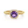 14K Yellow Gold Cushion Cut Amethyst and Diamond Halo Ring - 0.1 ct