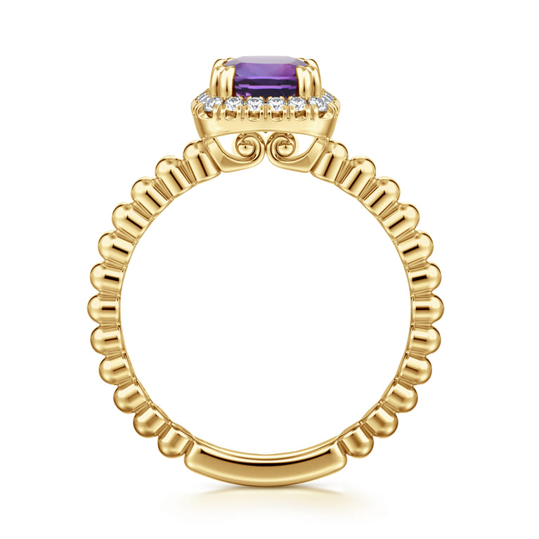 14K Yellow Gold Cushion Cut Amethyst and Diamond Halo Ring - 0.1 ct - Shot 2