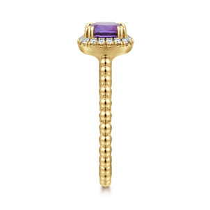 14K Yellow Gold Cushion Cut Amethyst and Diamond Halo Ring