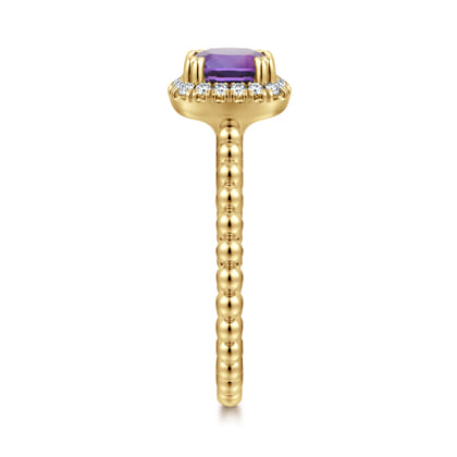 14K Yellow Gold Cushion Cut Amethyst and Diamond Halo Ring