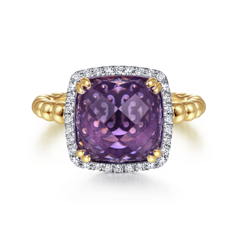 14K Yellow Gold Cushion Cut Amethyst and Diamond Halo Ring - 0.16 ct - Shot 1