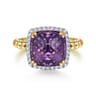 14K Yellow Gold Cushion Cut Amethyst and Diamond Halo Ring - 0.16 ct