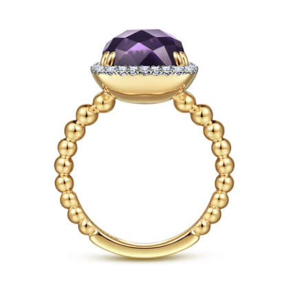 14K Yellow Gold Cushion Cut Amethyst and Diamond Halo Ring