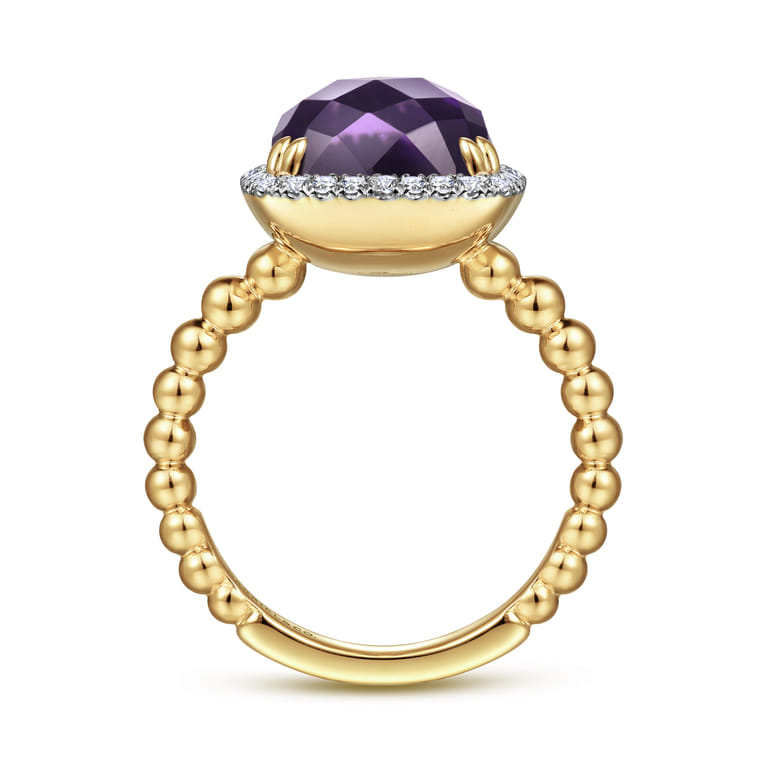 14K Yellow Gold Cushion Cut Amethyst and Diamond Halo Ring - 0.16 ct - Shot 2