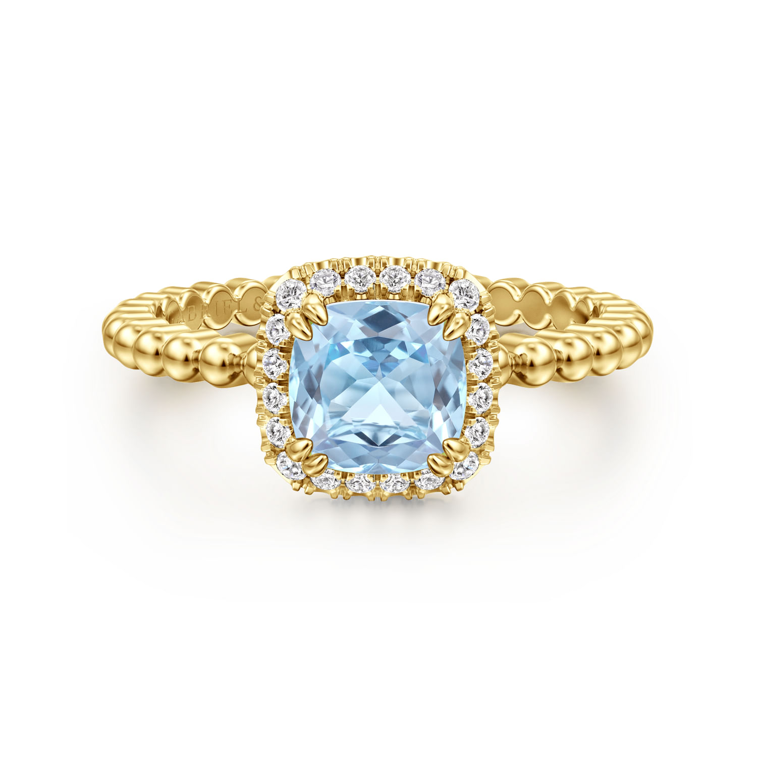 14K Yellow Gold Cushion Cut Aquamarine and Diamond Halo Ring