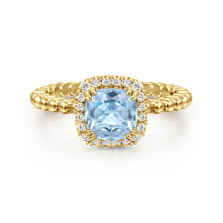 14K Yellow Gold Cushion Cut Aquamarine and Diamond Halo Ring