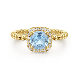 14K Yellow Gold Cushion Cut Aquamarine and Diamond Halo Ring