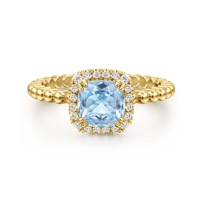 14K Yellow Gold Cushion Cut Aquamarine and Diamond Halo Ring