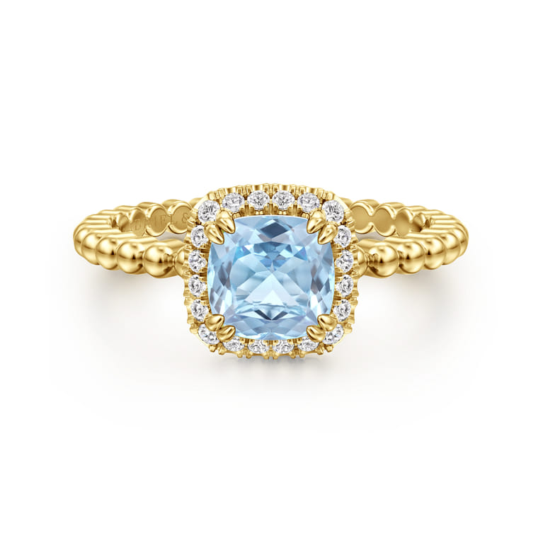 14K Yellow Gold Cushion Cut Aquamarine and Diamond Halo Ring - 0.1 ct - Shot 1