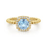 14K Yellow Gold Cushion Cut Aquamarine and Diamond Halo Ring - 0.1 ct