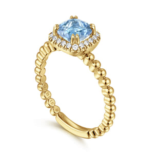 14K Yellow Gold Cushion Cut Aquamarine and Diamond Halo Ring