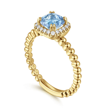 14K Yellow Gold Cushion Cut Aquamarine and Diamond Halo Ring