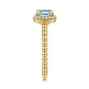 14K Yellow Gold Cushion Cut Aquamarine and Diamond Halo Ring