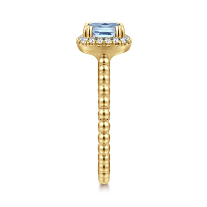 14K Yellow Gold Cushion Cut Aquamarine and Diamond Halo Ring