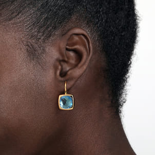 14K Yellow Gold Cushion Cut Blue Topaz Earrings With Flower Pattern J-Back