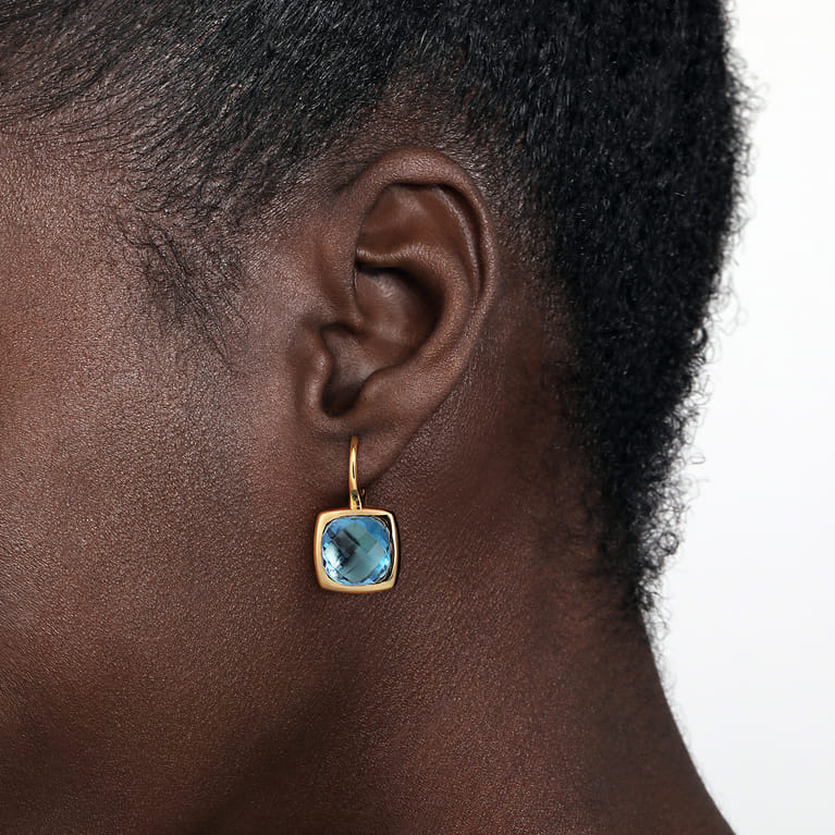 14K Yellow Gold Cushion Cut Blue Topaz Earrings With Flower Pattern J-Back - Shot 2
