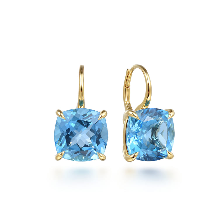 14K Yellow Gold Cushion Cut Blue Topaz Earrings - Shot 1