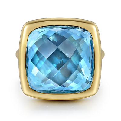 14K Yellow Gold Cushion Cut Blue Topaz Ladies Ring With Flower Pattern J-Back