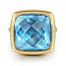 14K Yellow Gold Cushion Cut Blue Topaz Ladies Ring With Flower Pattern J-Back