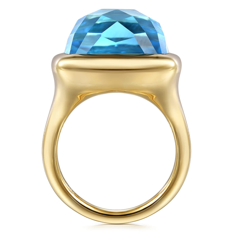 14K Yellow Gold Cushion Cut Blue Topaz Ladies Ring With Flower Pattern J-Back - Shot 2