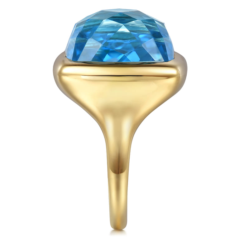 14K Yellow Gold Cushion Cut Blue Topaz Ladies Ring With Flower Pattern J-Back - Shot 4