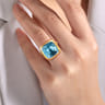 14K Yellow Gold Cushion Cut Blue Topaz Ladies Ring With Flower Pattern J-Back