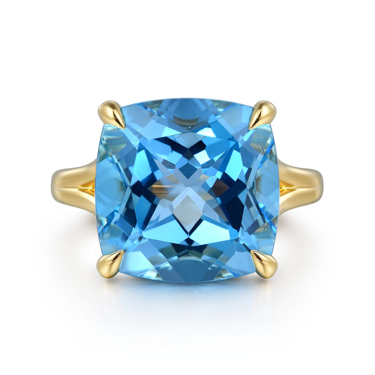 14K Yellow Gold Cushion Cut Blue Topaz Ladies Ring - Shot 1