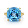 14K Yellow Gold Cushion Cut Blue Topaz Ladies Ring