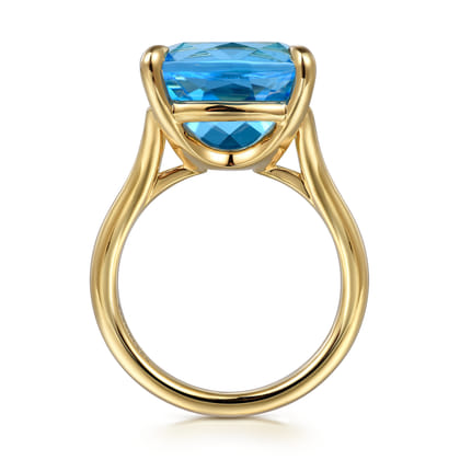 14K Yellow Gold Cushion Cut Blue Topaz Ladies Ring