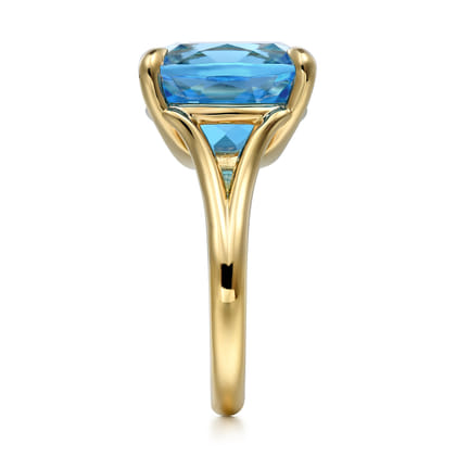 14K Yellow Gold Cushion Cut Blue Topaz Ladies Ring