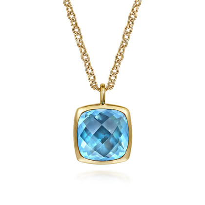 14K Yellow Gold Cushion Cut Blue Topaz Necklace With Flower Pattern J-Back and Bezel Setting