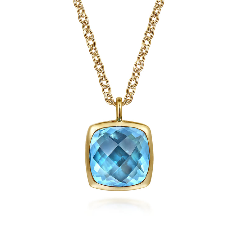 14K Yellow Gold Cushion Cut Blue Topaz Necklace With Flower Pattern J-Back and Bezel Setting - Shot 1