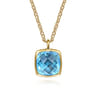 14K Yellow Gold Cushion Cut Blue Topaz Necklace With Flower Pattern J-Back and Bezel Setting