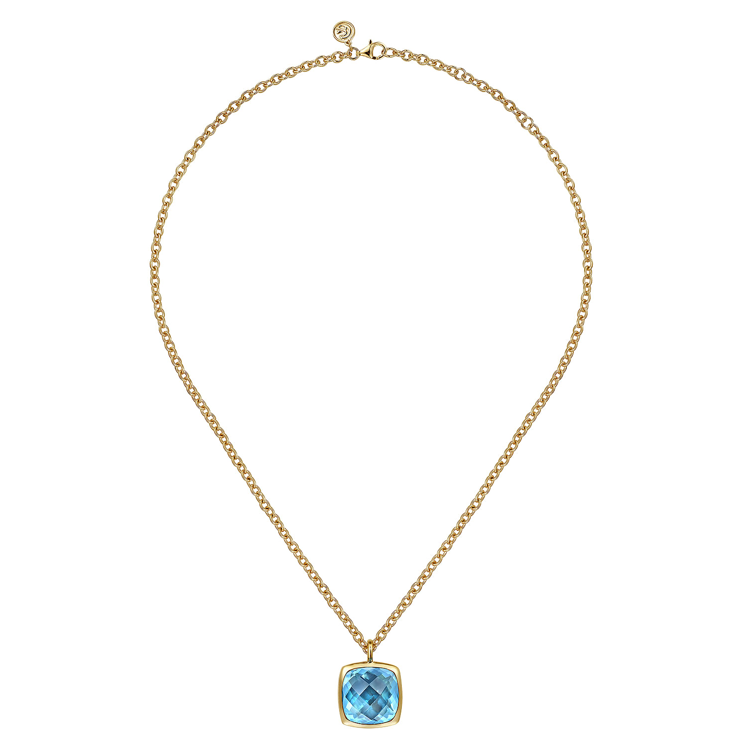 14K Yellow Gold Cushion Cut Blue Topaz Necklace With Flower Pattern J-Back and Bezel Setting