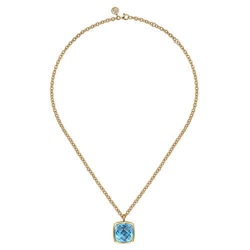 14K Yellow Gold Cushion Cut Blue Topaz Necklace With Flower Pattern J-Back and Bezel Setting - Shot 2