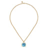 14K Yellow Gold Cushion Cut Blue Topaz Necklace With Flower Pattern J-Back and Bezel Setting