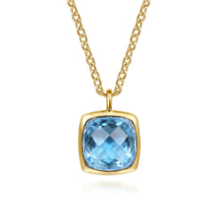 14K Yellow Gold Cushion Cut Blue Topaz Necklace with Flower Pattern J-Back and Bezel Setting