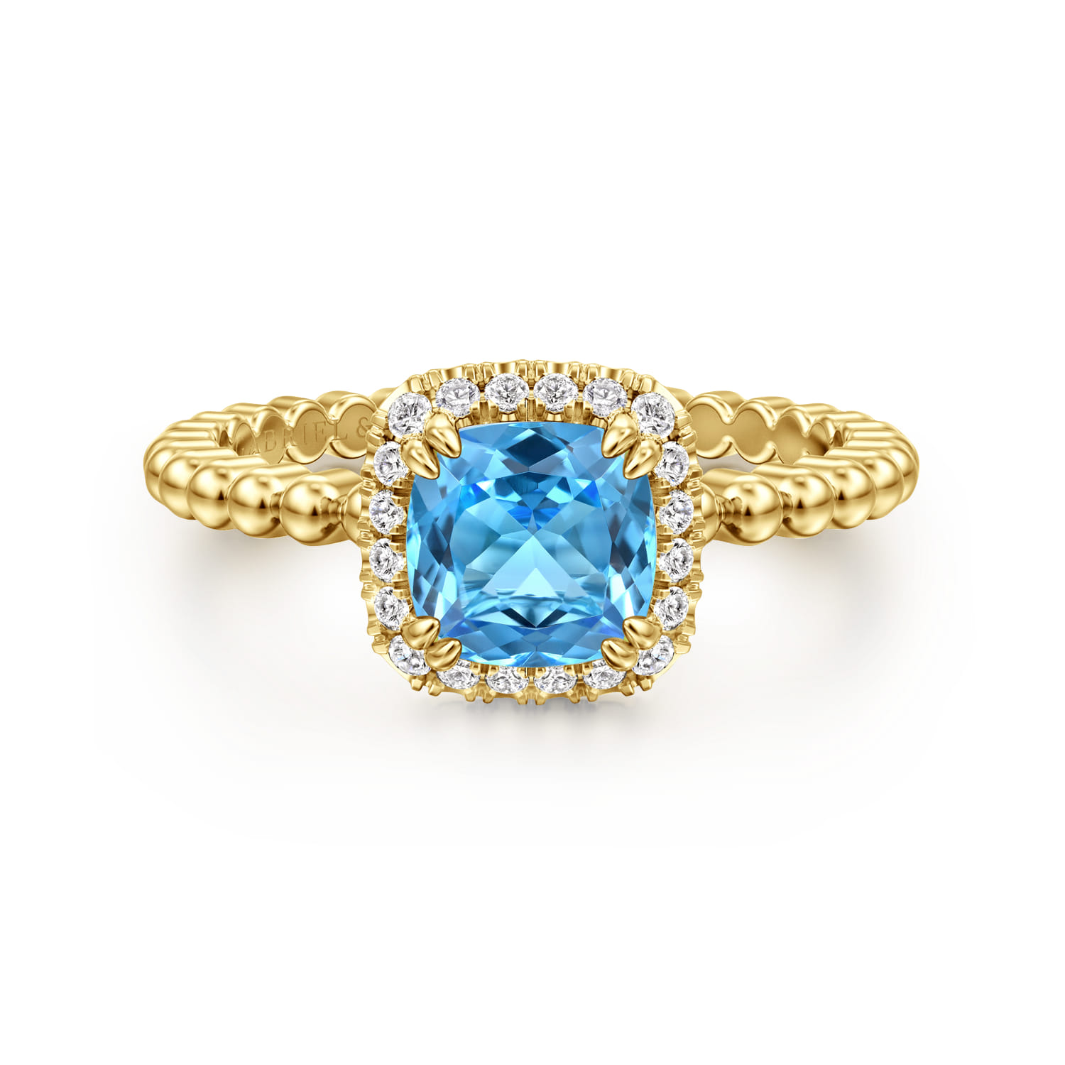 14K Yellow Gold Cushion Cut Blue Topaz and Diamond Halo Ring - 0.1 ct - Shot 1