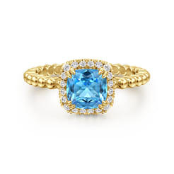 14K Yellow Gold Cushion Cut Blue Topaz and Diamond Halo Ring