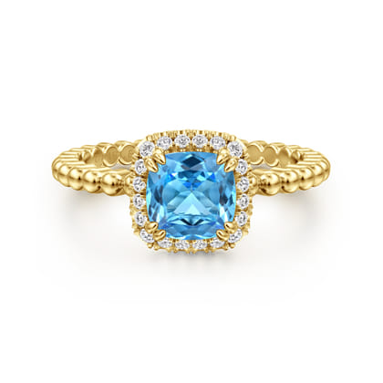 14K Yellow Gold Cushion Cut Blue Topaz and Diamond Halo Ring