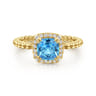 14K Yellow Gold Cushion Cut Blue Topaz and Diamond Halo Ring - 0.1 ct