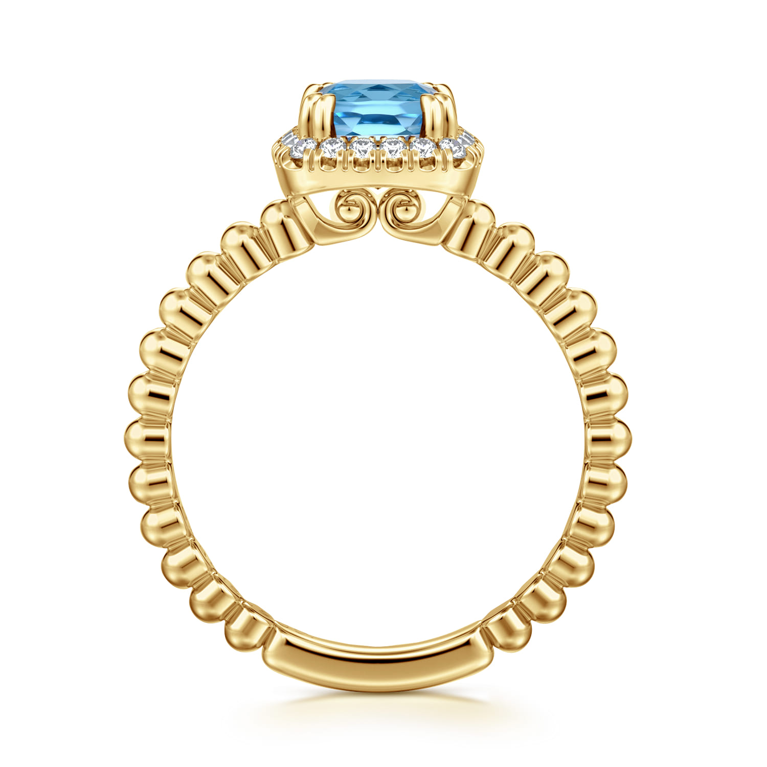 14K Yellow Gold Cushion Cut Blue Topaz and Diamond Halo Ring - 0.1 ct - Shot 2