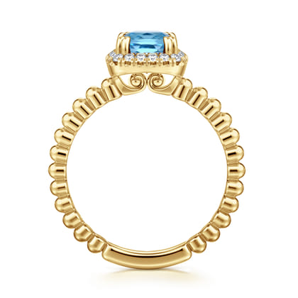 14K Yellow Gold Cushion Cut Blue Topaz and Diamond Halo Ring