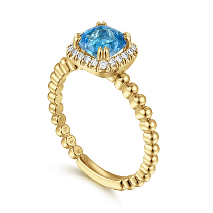 14K Yellow Gold Cushion Cut Blue Topaz and Diamond Halo Ring