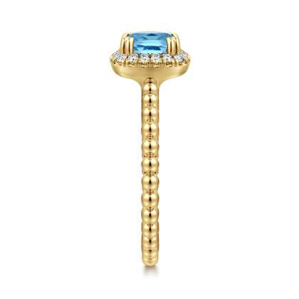 14K Yellow Gold Cushion Cut Blue Topaz and Diamond Halo Ring