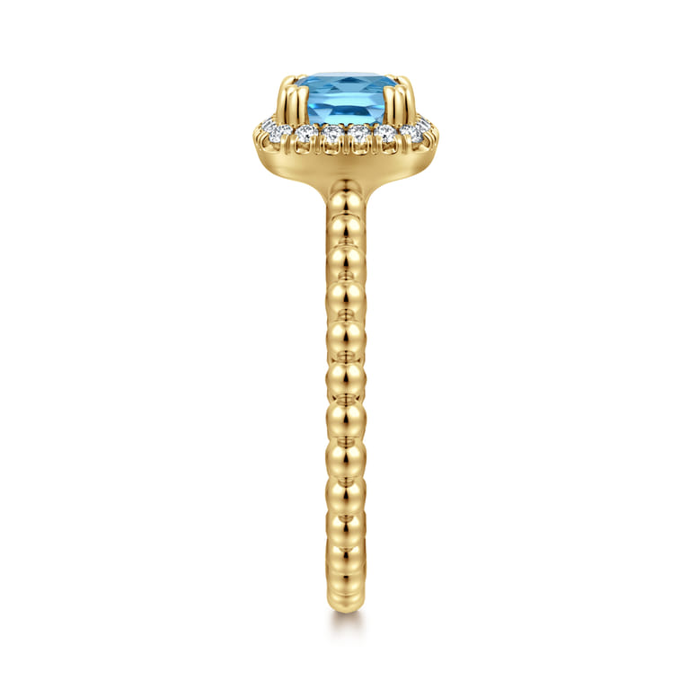 14K Yellow Gold Cushion Cut Blue Topaz and Diamond Halo Ring - 0.1 ct - Shot 4