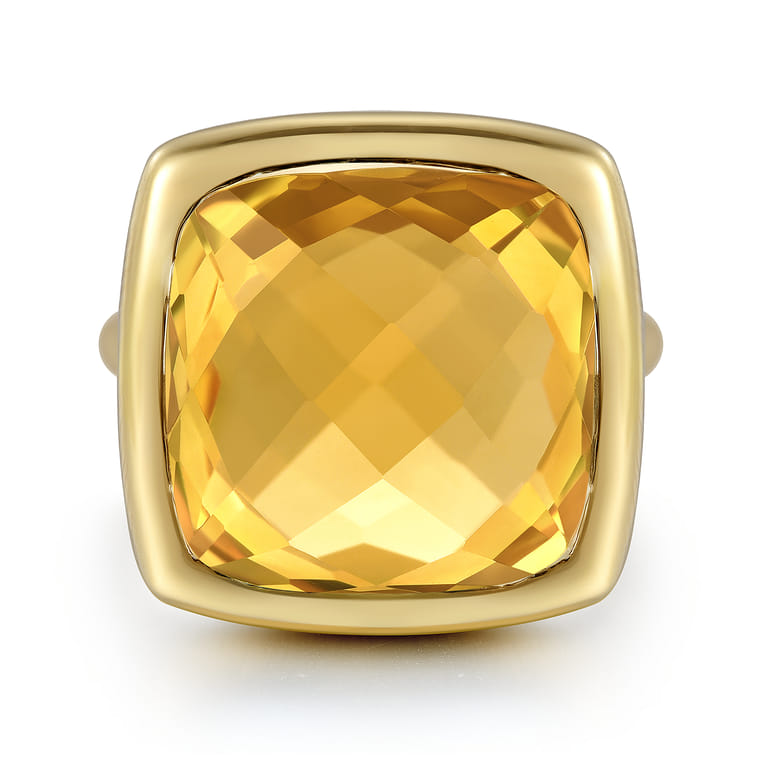 14K Yellow Gold Cushion Cut Citrine Ladies Ring With Flower Pattern J-Back - Shot 1