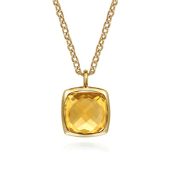 14K Yellow Gold Cushion Cut Citrine Necklace With Flower Pattern J-Back and Bezel Setting