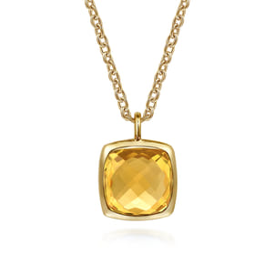 14K Yellow Gold Cushion Cut Citrine Necklace With Flower Pattern J-Back and Bezel Setting
